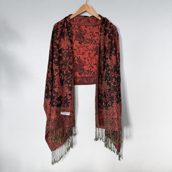 Floral Paisley Silk Pashmina Shawl Reversible Scarf Red Black Boho Maximalism - Picture 5 of 15
